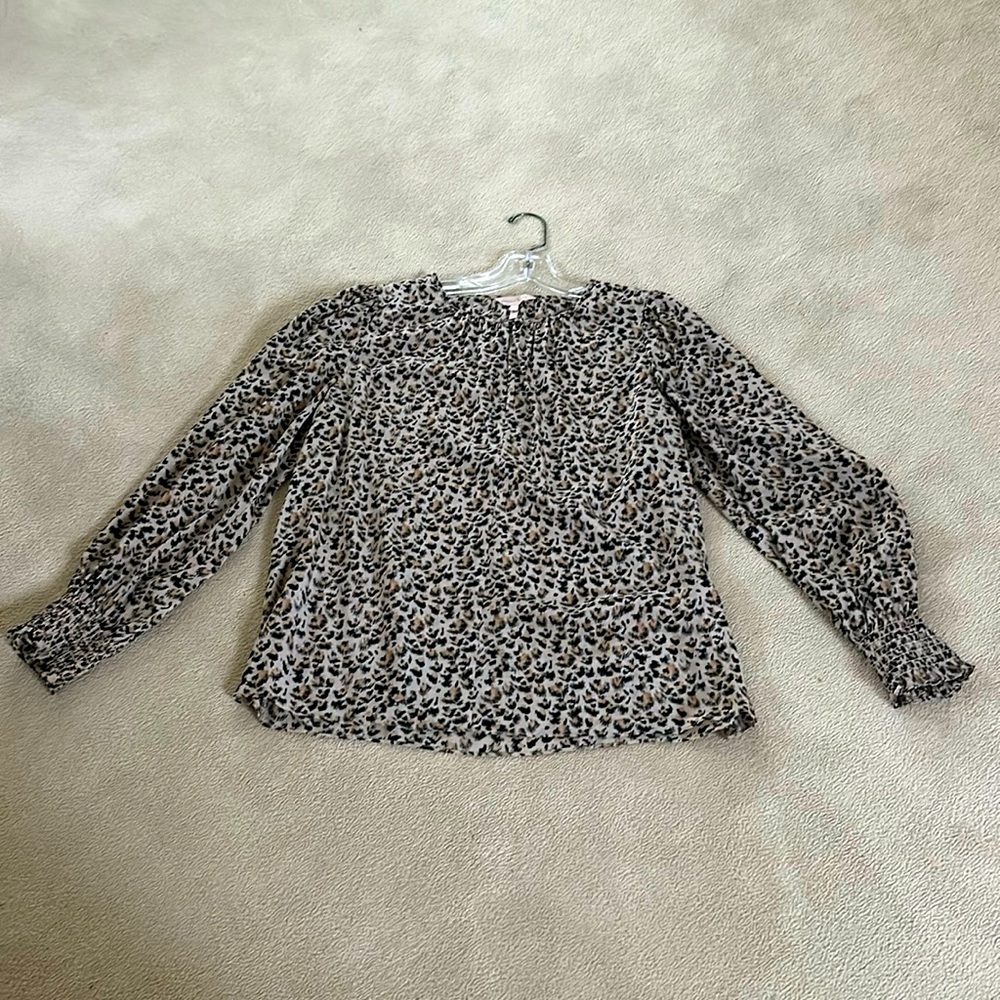 Rebecca Taylor Top Womens Size 10 Tan Black Leopard Artsy Silk Blouse 100% Silk